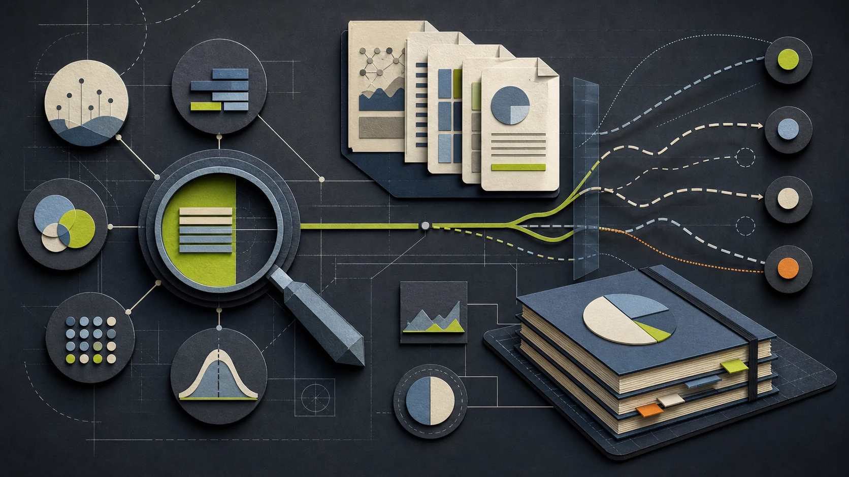 Abstract evidence board turning sources, uncertainty, comparisons, and review points into a decision path