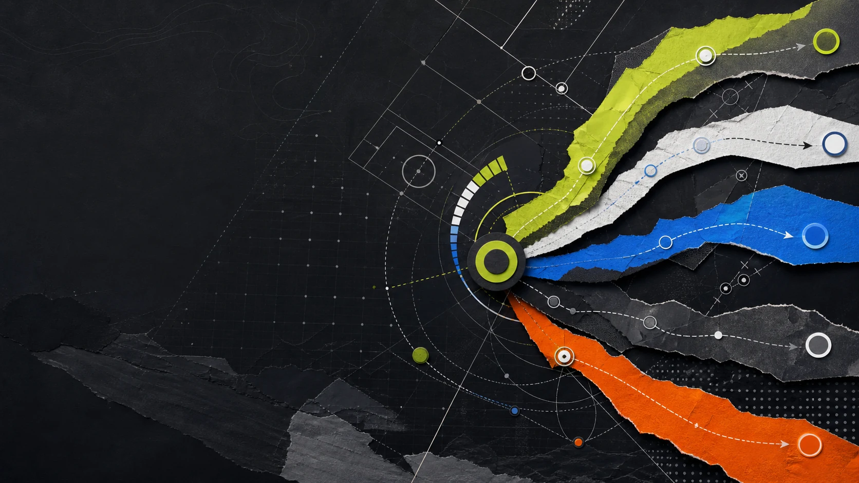Abstract operations board with five branching routes in lime, blue, white, charcoal, and orange